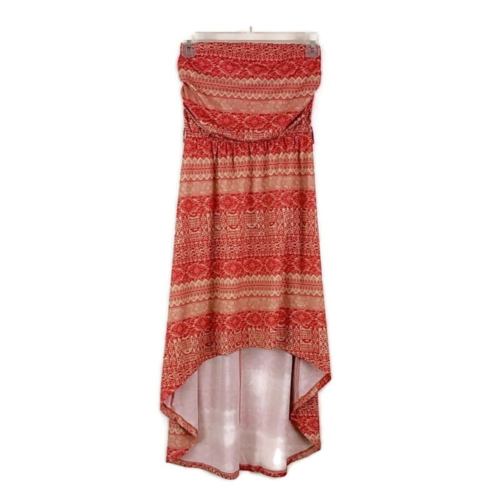 rue21 High Low Dress Womens Small Red Tribal Print Strapless Smocked Boho Summer